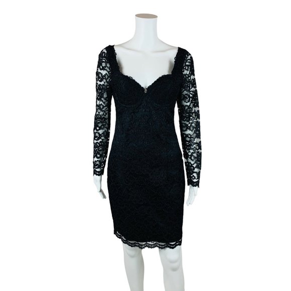 Vintage 1990s Black Lace Bustier Cocktail Dress Wired Cups Sheer Sleeves | W 28" - Picture 1 of 10